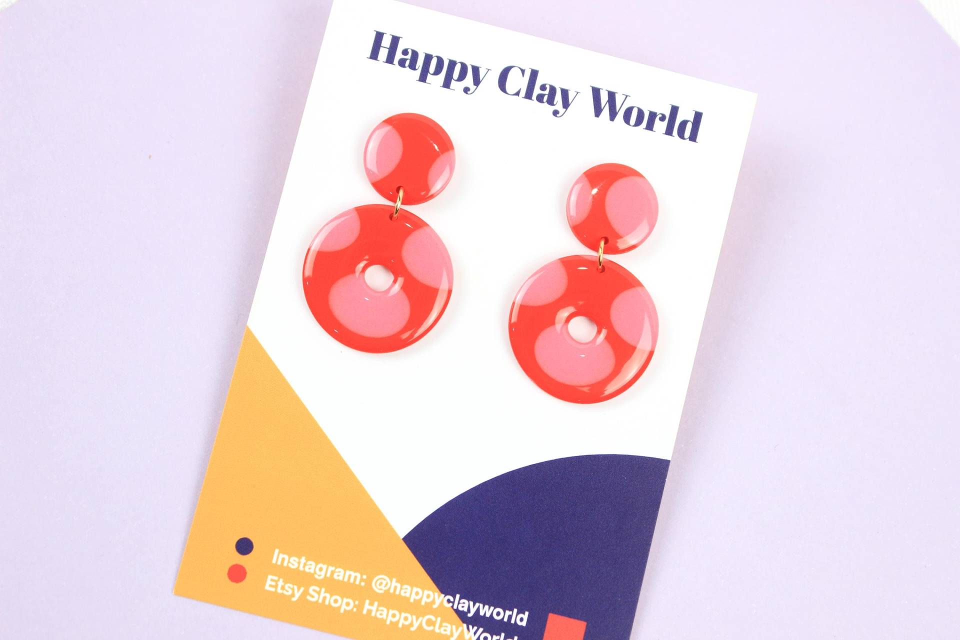 Polymer Clay Ohrringe, Handgemachte Fimo Hängeohrringe Mit Muster, Rot-Rosa Ohrringe Edelstahl Stecker von HappyClayWorld