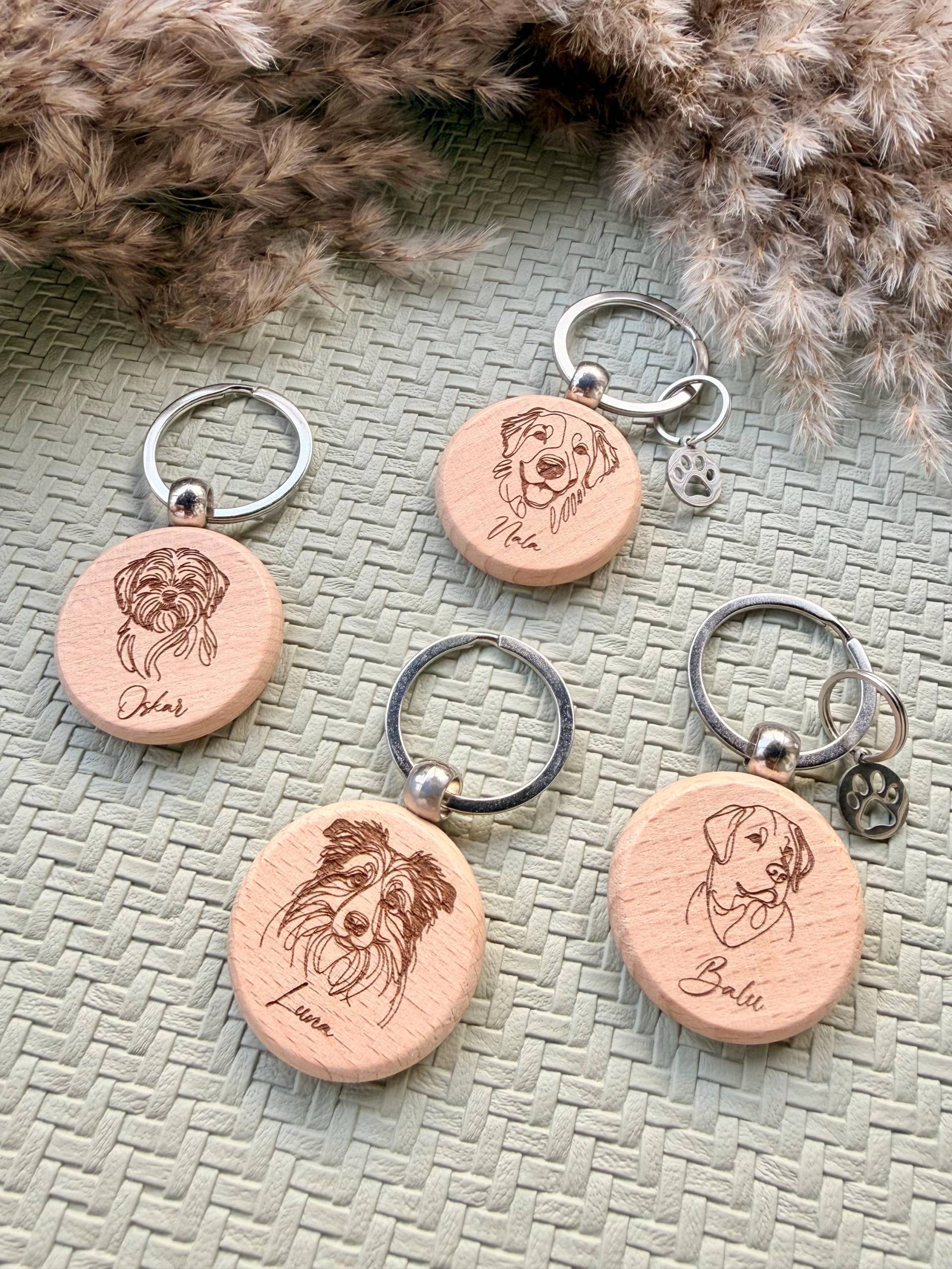 Schlüsselanhänger Personalisiert Hundeporträt Haustier Line Art Geschenk Geburtstag Pfote Charm Gravur Holz von HappyFoxCraftsDE