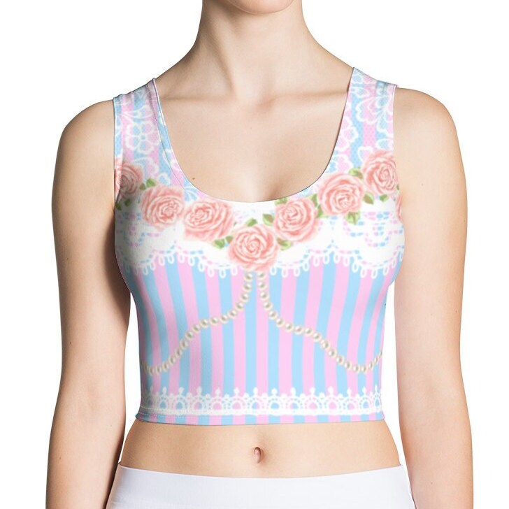 Marie Antoinette Renaissance Streifen Crop Top in Rosa Und Blau Mit Rosen Perlen Spitze von HappyHeartAustralia