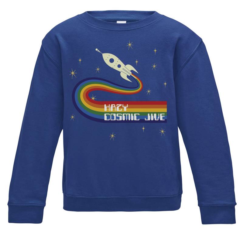 Hazy Cosmic Jive Glühen in Der Dunklen Royal Blue Kinder Sweatshirt. Retro-Regenbogen-Design Mit Retro-Raketenschiff von HappyRobinClothing