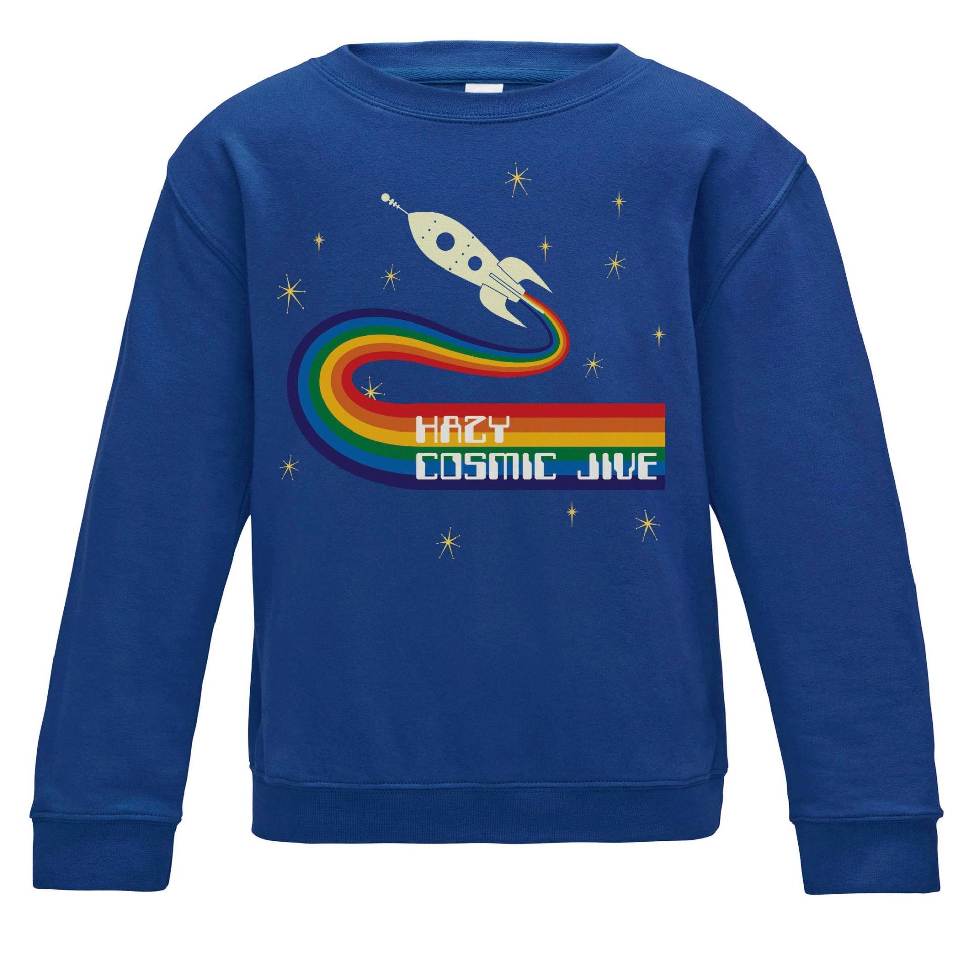 Hazy Cosmic Jive Glühen in Der Dunklen Royal Blue Kinder Sweatshirt. Retro-Regenbogen-Design Mit Retro-Raketenschiff von HappyRobinClothing