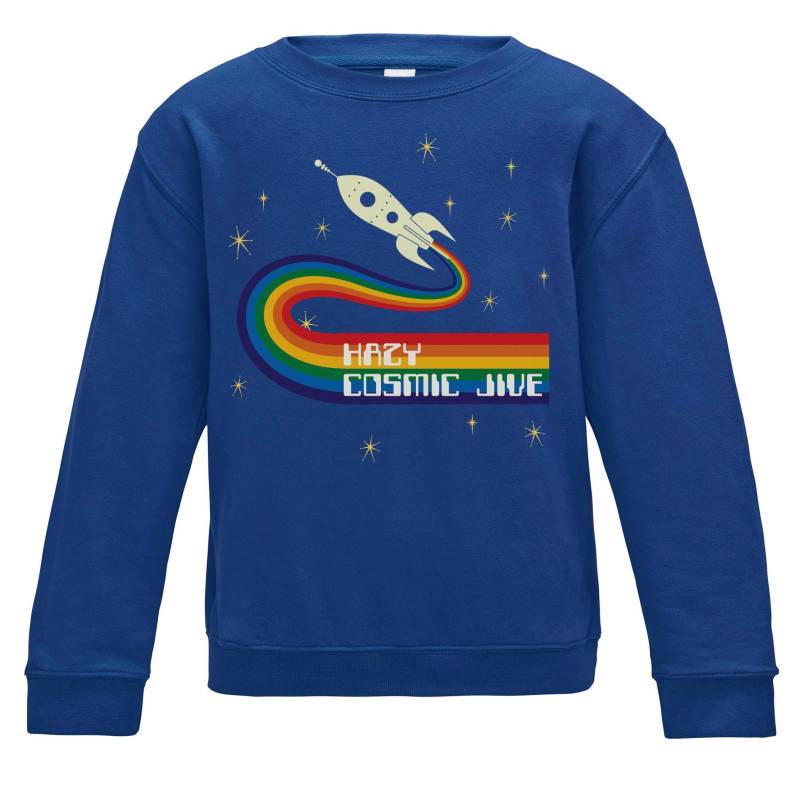 Hazy Cosmic Jive Glühen in Der Dunklen Royal Blue Kinder Sweatshirt. Retro-Regenbogen-Design Mit Retro-Raketenschiff von HappyRobinClothing