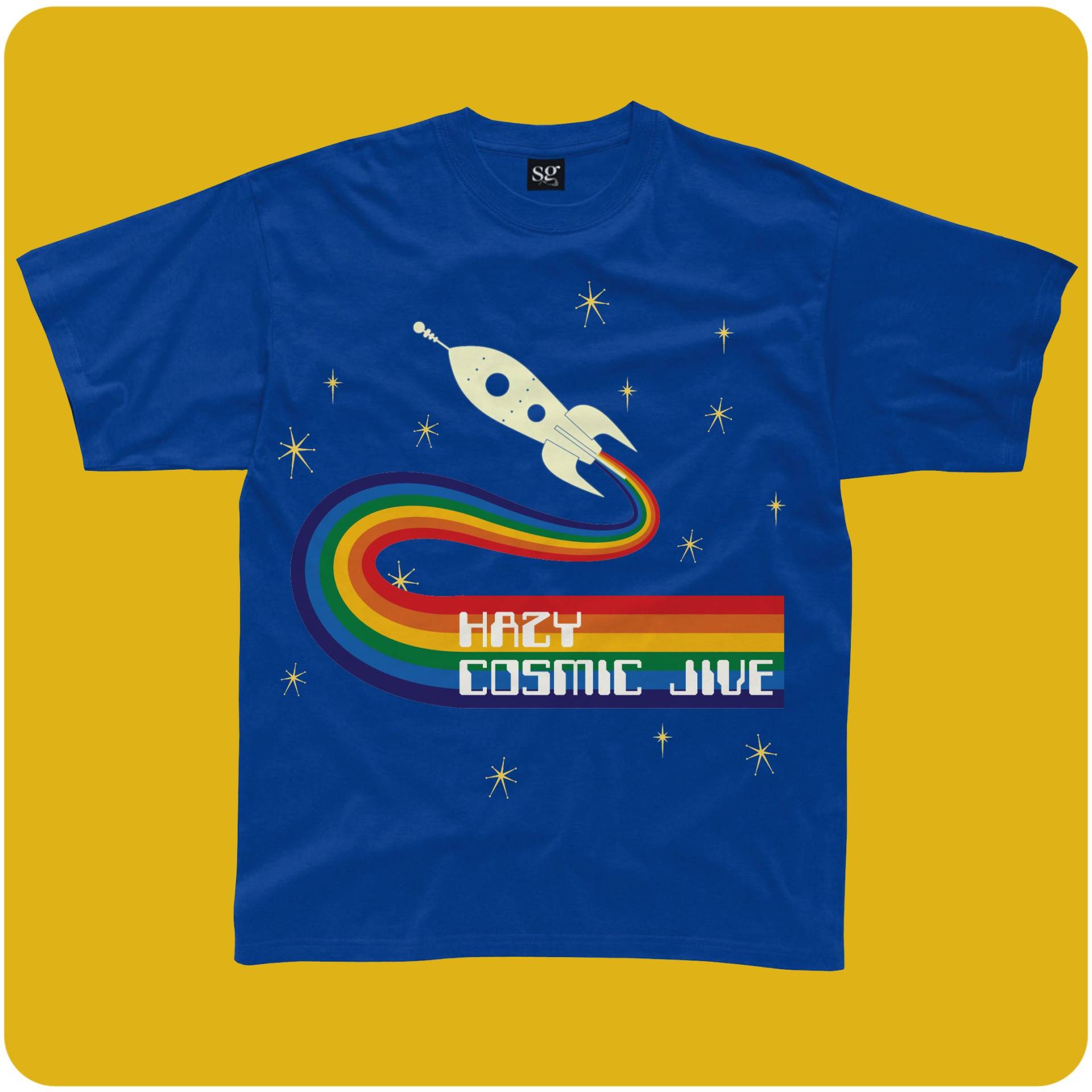Hazy Cosmic Jive Glühen in Der Dunklen Royal Blue Kinder T-Shirt. Retro-Regenbogen-Design Mit Retro-Raketenschiff von HappyRobinClothing