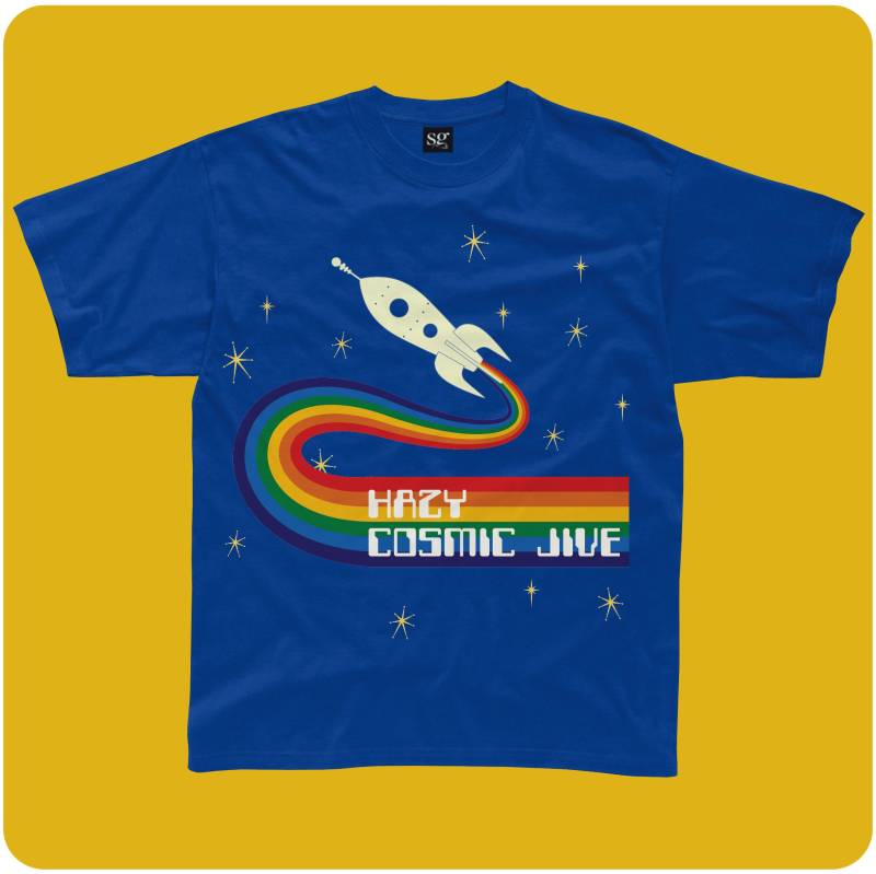 Hazy Cosmic Jive Glühen in Der Dunklen Royal Blue Kinder T-Shirt. Retro-Regenbogen-Design Mit Retro-Raketenschiff von HappyRobinClothing