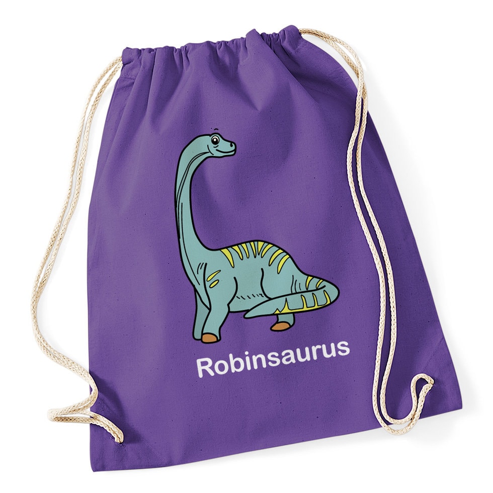 Personalisierte Diplodocus Dinosaurier Turnbeutel/Schule Beutel Erhältlich in Lila, Dunkelblau, Grün, Blau, Grau, Orange, Natur, Rot von HappyRobinClothing