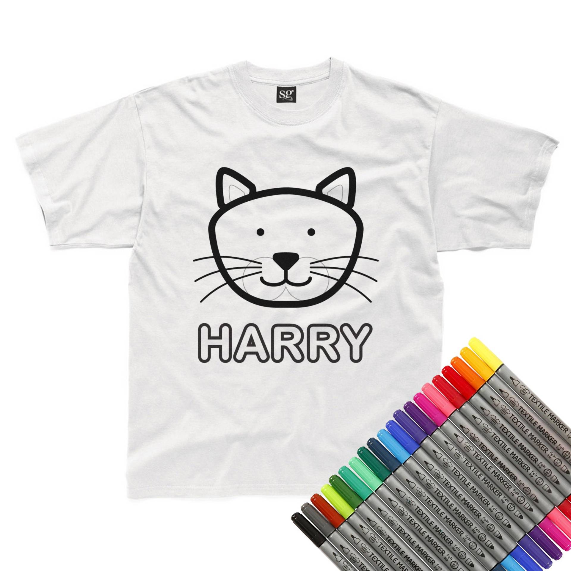 Personalisierte Farbe-In Katze T-Shirt | Stoff Stifte Optional von HappyRobinClothing