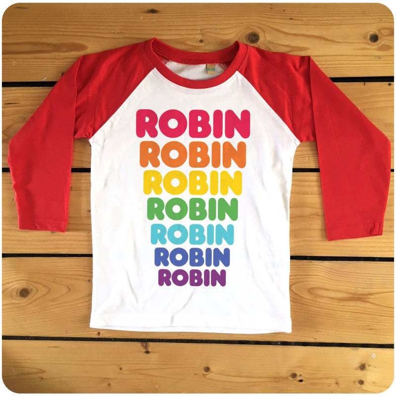 Personalisierte Retro Dunkin Donuts Text Regenbogen Raglan Baseball T-Shirt von HappyRobinClothing