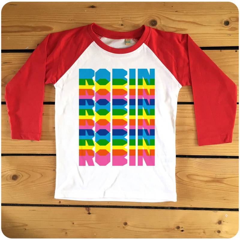 Personalisierte Retro "Farbe Overlay" Text Regenbogen Raglan Baseball T-Shirt von HappyRobinClothing