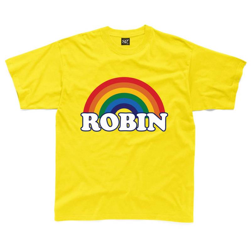 Personalisierte Retro Regenbogen Kinder T-Shirt Erhältlich in Gelb, Grau, Königsblau Und Türkis von HappyRobinClothing