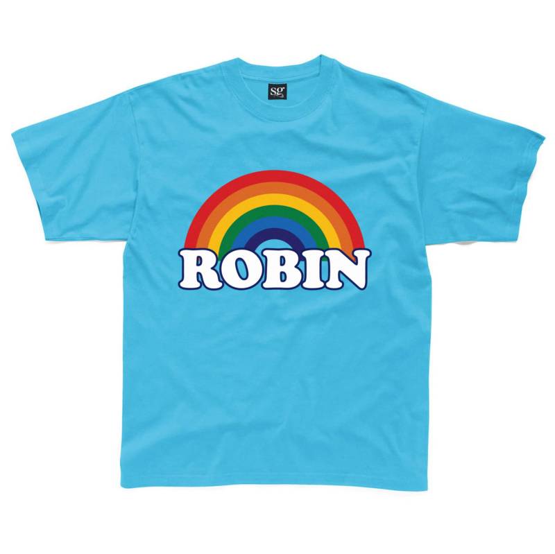 Personalisierte Retro Regenbogen Kinder T-Shirt Erhältlich in Türkis, Gelb, Grau & Königsblau von HappyRobinClothing
