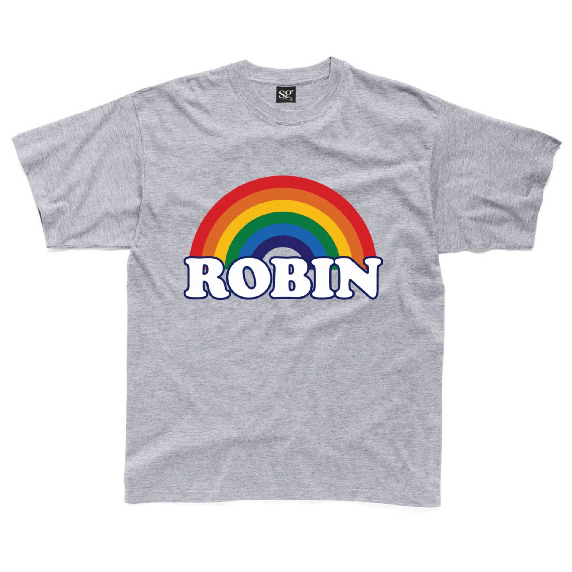 Personalisierte Retro Regenbogen Kinder T-Shirt in Grau, Royal Blau, Türkis Und Gelb Erhältlich von HappyRobinClothing