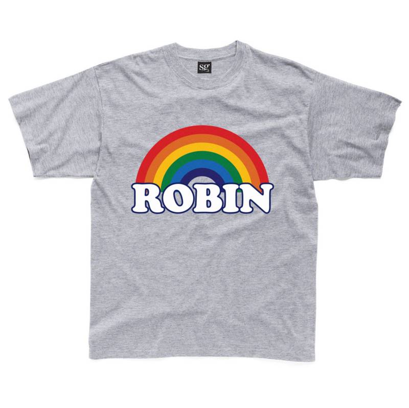 Personalisierte Retro Regenbogen Kinder T-Shirt in Grau, Royal Blau, Türkis Und Gelb Erhältlich von HappyRobinClothing