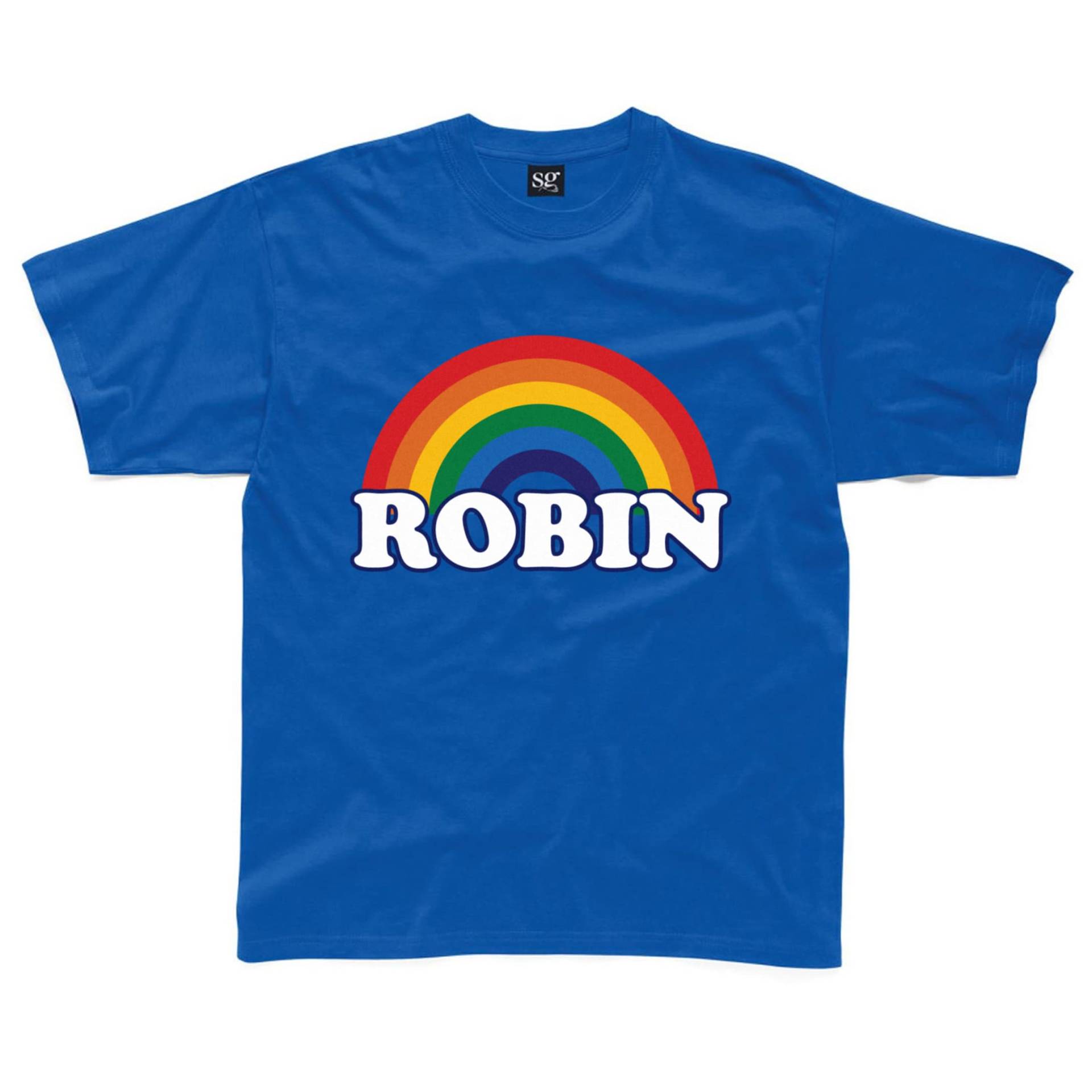 Personalisierte Retro Regenbogen Kinder T-Shirt in Royal Blau, Türkis, Gelb Und Grau Erhältlich von HappyRobinClothing