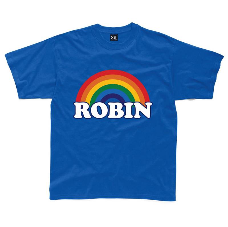 Personalisierte Retro Regenbogen Kinder T-Shirt in Royal Blau, Türkis, Gelb Und Grau Erhältlich von HappyRobinClothing
