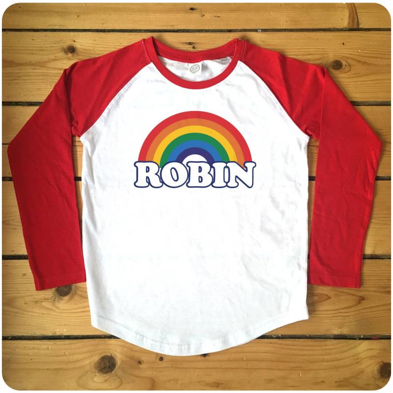 Personalisierte Retro Regenbogen Raglan Baseball Damen T-Shirt von HappyRobinClothing