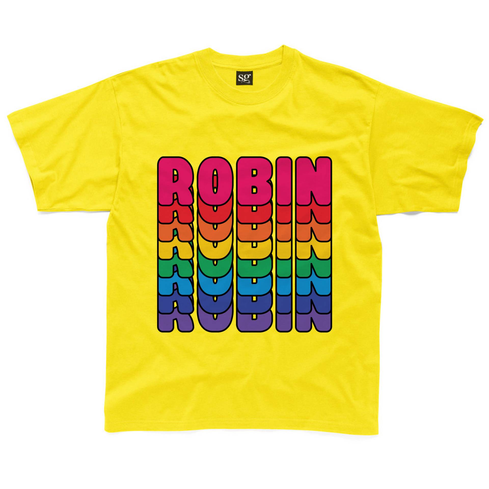Personalisierte Retro Regenbogen Text Kinder T-Shirt Erhältlich in Gelb, Royal Blau, Grau, Türkis Und Rosa von HappyRobinClothing
