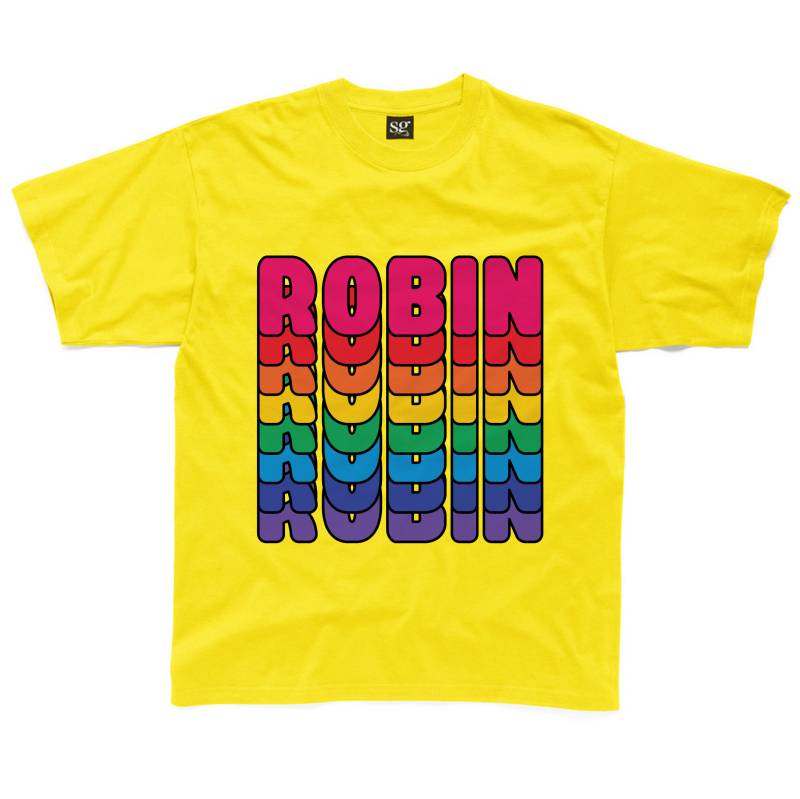 Personalisierte Retro Regenbogen Text Kinder T-Shirt Erhältlich in Gelb, Royal Blau, Grau, Türkis Und Rosa von HappyRobinClothing