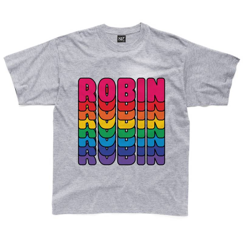 Personalisierte Retro Regenbogen Text Kinder T-Shirt Erhältlich in Grau, Türkis, Rosa, Gelb & Königsblau von HappyRobinClothing