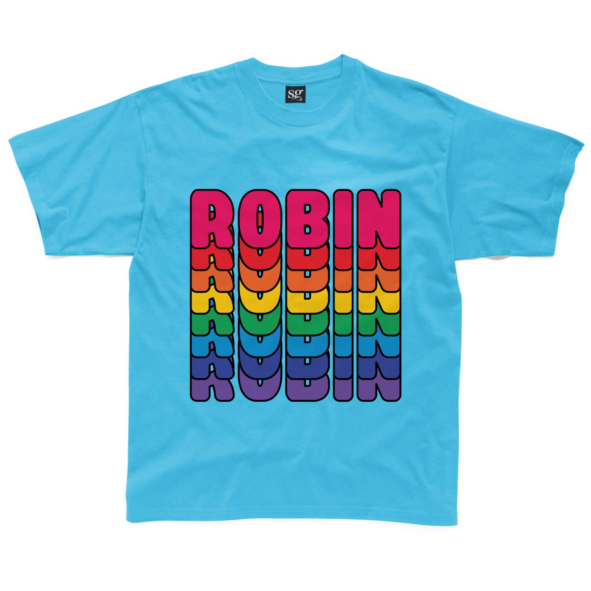 Personalisierte Retro Regenbogen Text Kinder T-Shirt Erhältlich in Türkis, Rosa, Gelb, Royal Blau & Grau von HappyRobinClothing