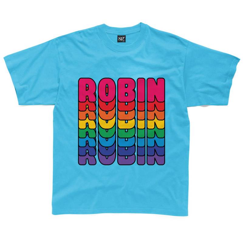 Personalisierte Retro Regenbogen Text Kinder T-Shirt Erhältlich in Türkis, Rosa, Gelb, Royal Blau & Grau von HappyRobinClothing