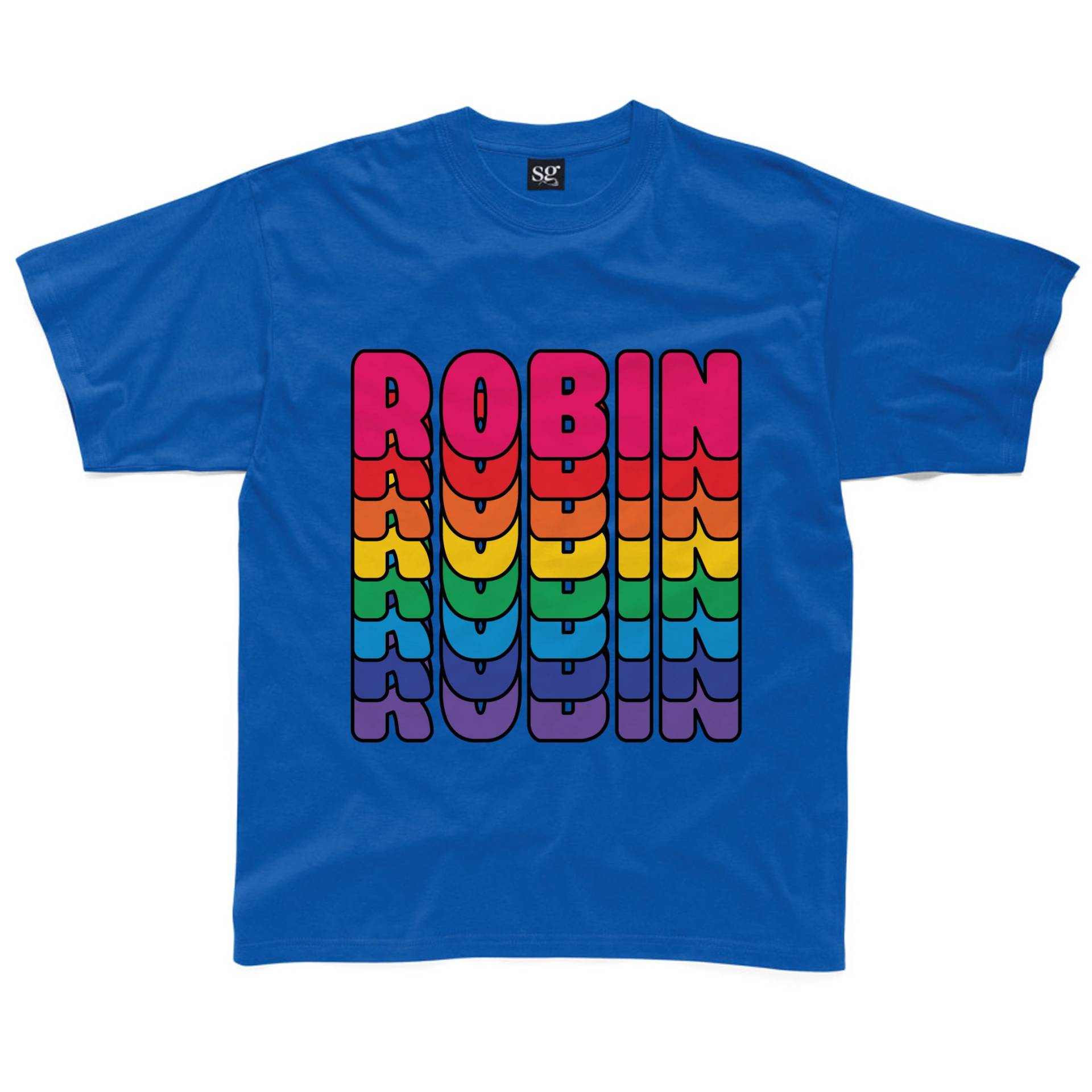 Personalisierte Retro Regenbogen Text Kinder T-Shirt in Royal Blau, Grau, Türkis, Rosa Und Gelb Erhältlich von HappyRobinClothing