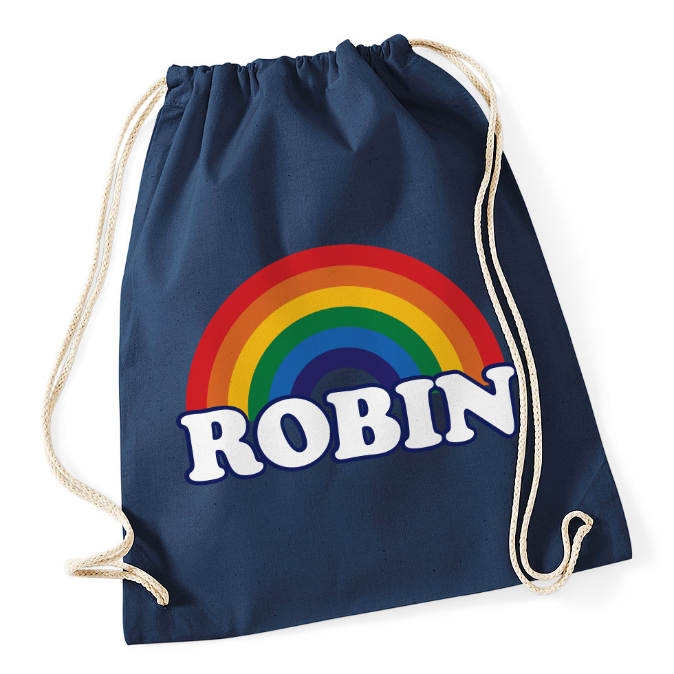 Personalisierte Retro Regenbogen Turnbeutel/Schule Beutel Erhältlich in Lila, Dunkelblau, Grün, Blau, Grau, Orange, Rot von HappyRobinClothing