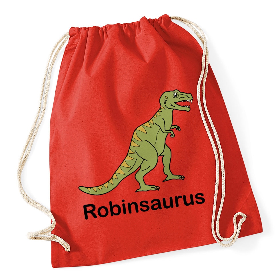 Personalisierte T-Rex/Tyrannosaurus Dinosaurier Turnbeutel Schule Beutel Erhältlich in Lila, Dunkelblau, Grün, Blau, Grau, Orange, Rot von HappyRobinClothing