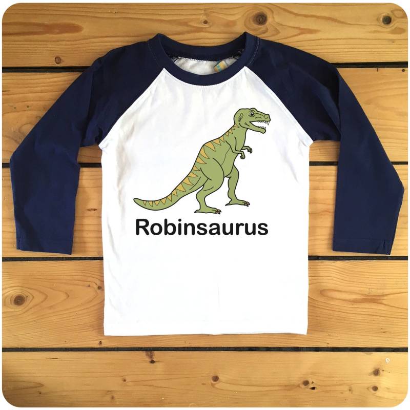 Personalisierte Tyrannosaurus Rex Kinder Raglan Baseball T-Shirt Erhältlich in Marine Oder Rot von HappyRobinClothing