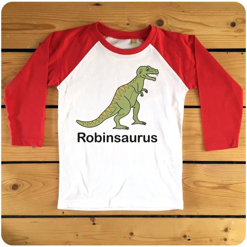 Personalisierte Tyrannosaurus Rex Kinder Raglan Baseball T-Shirt Erhältlich in Rot Oder Marine von HappyRobinClothing