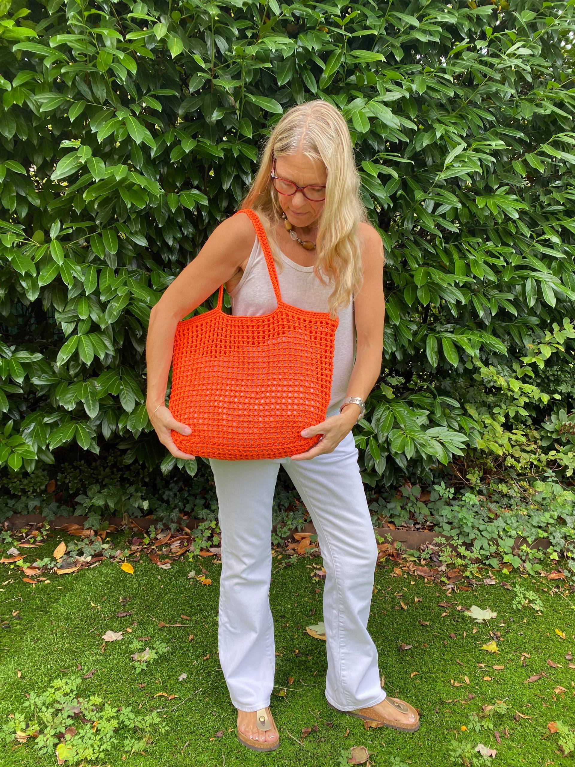 Häkeltasche, Neon Orange Einkaufstasche, Einkaufsnetz Tasche, Strandtasche, Bohochic Stil, Sommer Taschen, Happyschick Taschen von HappySchick