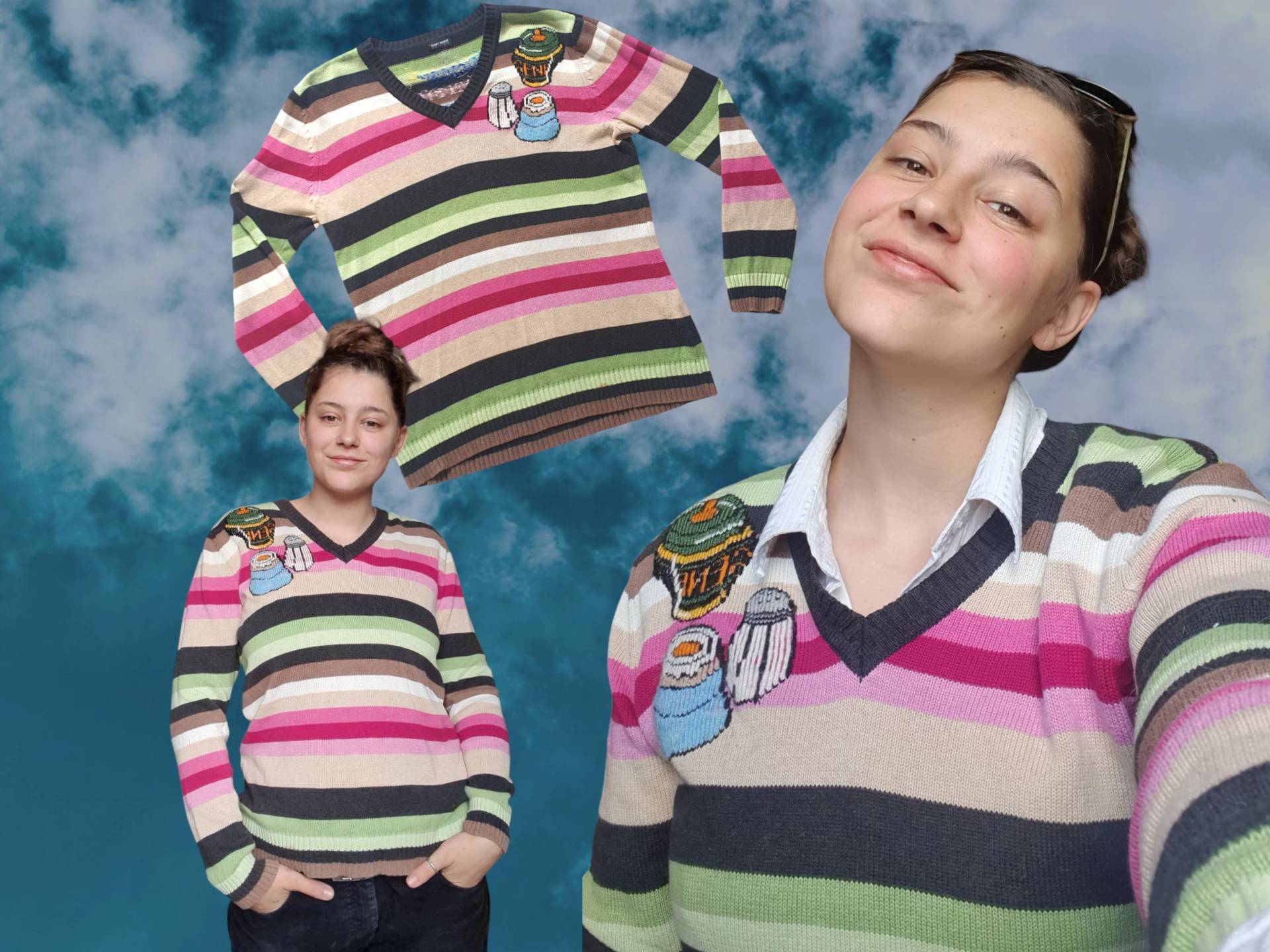 Gestreifter Strickpullover 100% Baumwolle - Von Hand Bestickt Gekochtes Ei, Salz Und Senf Happy Sweater Upcycling Secondhand Unikat von HappySweaterCo