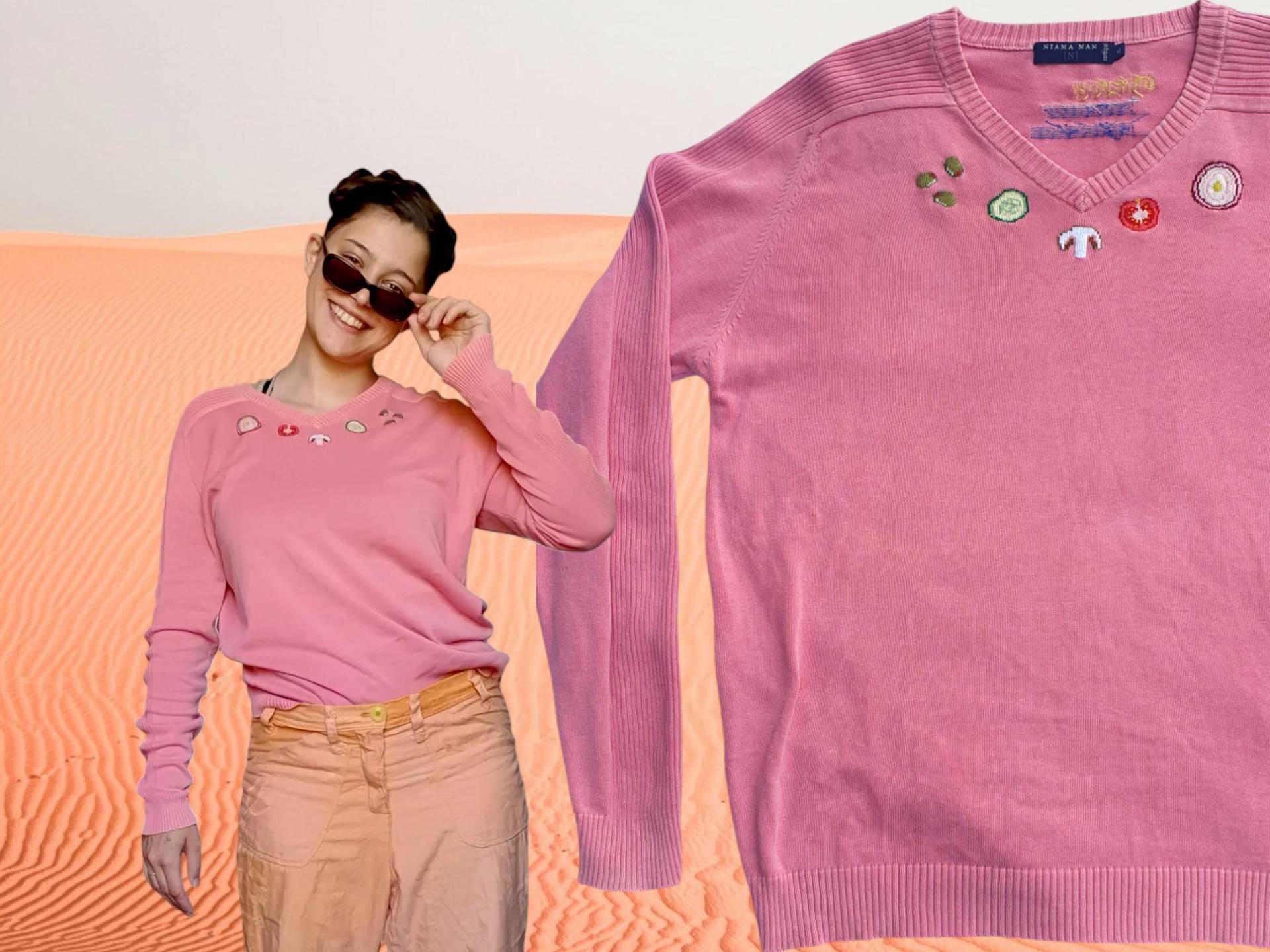 Rosa Strickpullover 100% Baumwolle - Von Hand Bestickt Olive, Gurke, Champingion, Tomate, Zwiebel Happy Sweater Upcycling Secondhand von HappySweaterCo