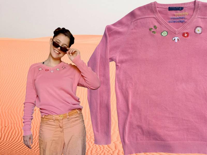 Rosa Strickpullover 100% Baumwolle - Von Hand Bestickt Olive, Gurke, Champingion, Tomate, Zwiebel Happy Sweater Upcycling Secondhand von HappySweaterCo