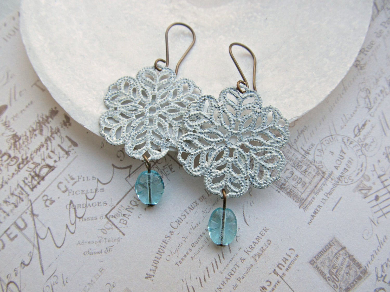 Hand Bemalt Filigrane Ohrringe, Ohrringe Shabby Chic, Vintage Aqua Hand Bemalt Filigrane Ohrringe, Ohrringe Shabby Chic, Vintage Aqua von HappyTearsbyMicah