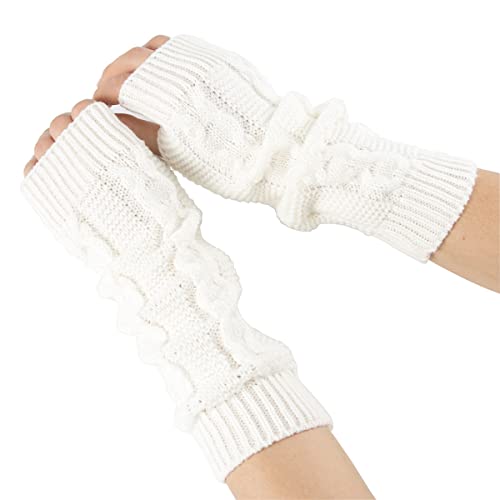 Lange Armstulpen, fingerlos, gestrickt, mit Daumenloch, dehnbare Handschuhe, Winter, Wärmeschutz für Damen, Mädchen, 1 Paar, 30 cm, Weiß von Happyupcity