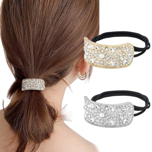 2 x Strass-Haargummis, Kristall-Pferdeschwanz-Halter, Manschetten, große elastische Haargummis, Pferdeschwanz-Halter, Gothic-Punk-Haarband, Haarschmuck für Frauen (Gold + Silber) von Happyupcity