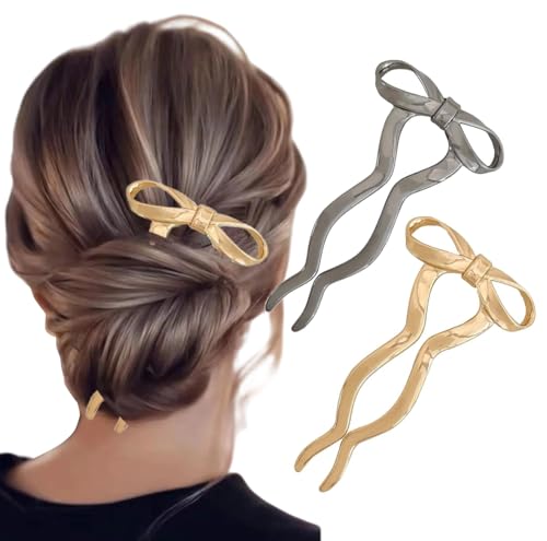 2PCS Metall Bogen Haar Gabeln Französisch Haar Stick Pins für Frauen Vintage U Shaped Updo Twist Buns Maker Styling Zubehör (Gold+Schwarz) von Happyupcity