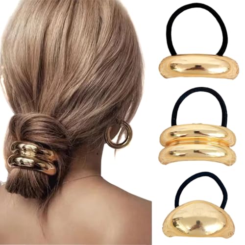 3PCS Punk Gold Metall Haar Manschette Hohe Pferdeschwanz Halter Elastische Krawatten Seil Haar Band Manschetten Wrap Ringe Set für Frauen von Happyupcity