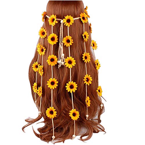 Sonnenblume Haarband Hippie Stirnband Floral Crown Behemain Sonnenblumen Perlen Einstellen Blume Kopfschmuck Haarreifen Kopfbedeckung Kopfschmuck Haarschmuck Party Dekoration Cosplay Kostüm von Happyupcity