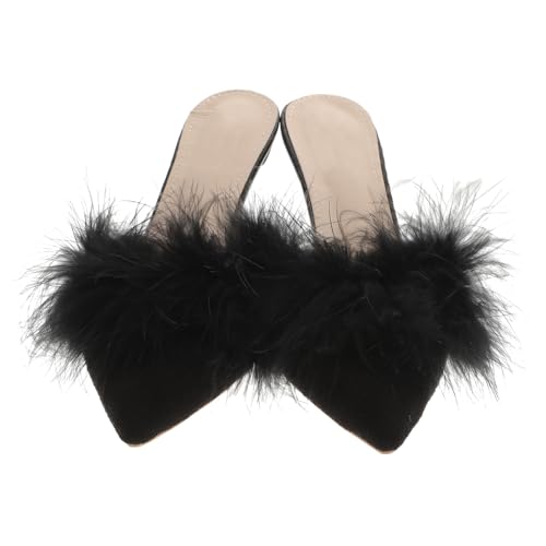 1 Paar Kapillare Sandalen Hochhackige Pantoletten Rutschfeste High Heels Hausschuhe Mit Hohem Absatz Bommel-heels Bestiegen Frauen Schuhe Obermaterial: Hühnerflaum Fräulein Baotou von Happyyami