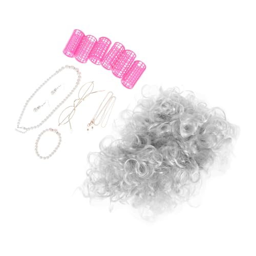 Happyyami 1 Satz Graue Perücke mit Lockenwicklern für Alte Damen Kostümzubehör für Cosplay und Auftritte Brille und Fasching und Geburtstagsfeiern von Happyyami