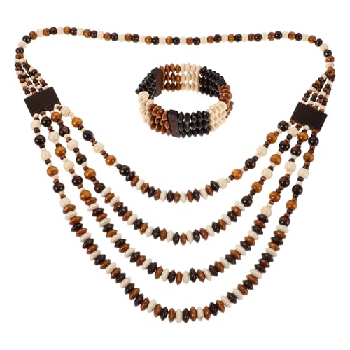 Happyyami 1 Set mehrreihige Halskette, Ohrringe und Armband: Damen-Halskette mit Holzperlen für Damen, handgefertigt, Boho-Strand-Statement-Schmuck von Happyyami