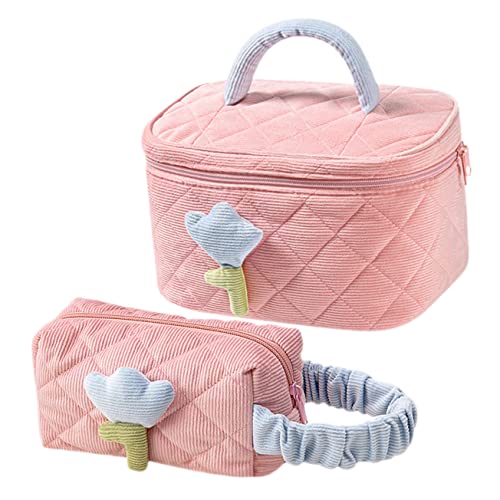 Happyyami 2stücke Große Quilted Kosmetiktasche Tragbare Make-up Tasche Für Toilettenartikel Organizer Hochwertiger Große Kapazität Rosa Und Klein von Happyyami