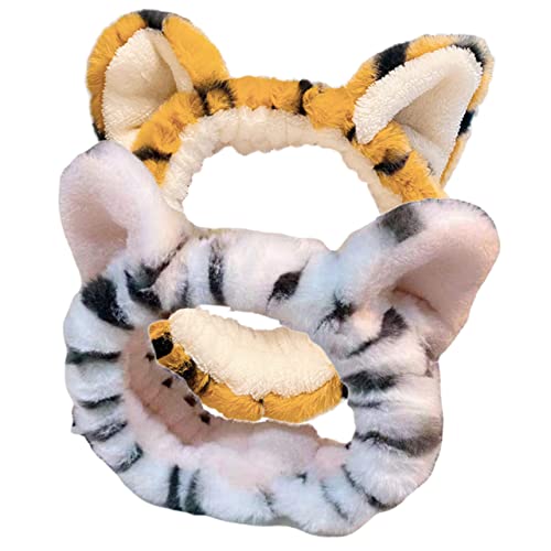 Happyyami 2stücke Plüsch Stirnband Mit Tiger Ohren Kawaii Gesicht Waschen Make-up Stirnbänder Stretch Stirnband Für Hautpflege von Happyyami