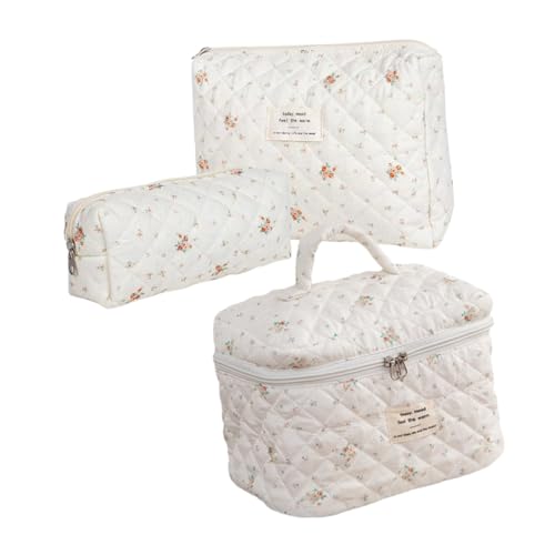 Happyyami 3stücke Reisekosmetiktasche Für Damen Große Baumwoll-kulturbeutel Mit Blumenmuster Organizer Für Make-up Und Toilettenartikel Set Mit DREI Praktischen Für Frauen Und Mädchen von Happyyami