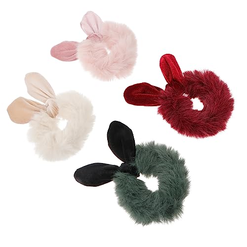 Happyyami 4 Stück Haargummi mit Hasenohren Scrunchie-Seile Kleine Haarbindungen Haargummis rutschen pelzige Haargummis Bands handtücher Mädchen Haarzubehör Pferdeschwanz-Kopfschmuck Stoff von Happyyami