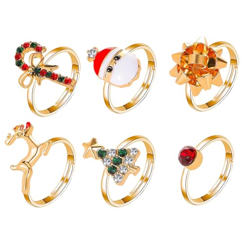 Happyyami 6Pcs Weihnachtsring Weihnachten Rentier Weihnachtsmann Schneeflocke Offene Ringe Schmuck für Frauen Mädchen von Happyyami