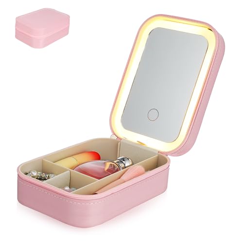 Happyyami Aufbewahrung sbox für Kosmetik Spiegel beleuchtetes Make-up Make-up-Koffer-Organizer Kosmetik-Organizer kosmetikspiegel schminkspiegel Faltbare aufbewahrungsbox klappbarer Spiegel von Happyyami