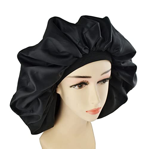 Happyyami Extra Large Doppellagige Satin Schlafhaube für Damen Schwarze Haarhaube mit Elastischem Band Schützt Frisuren und Sorgt für Geschmeidiges Haar Beim Schlafen von Happyyami