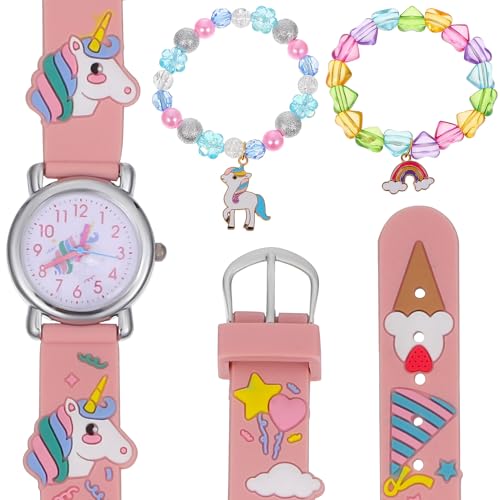 Happyyami Mädchen Uhr und Armband Satz Quarz Kinderuhr mit Einhorn Charm und Herz Perlen Verstellbares Armband für Mädchen Süßes Armbanduhr Satz von Happyyami